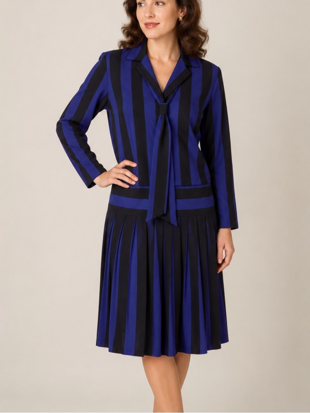 vintage 1980s purple and black striped drop-waist day dress 12
